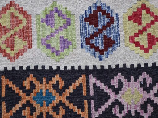 Backside of handmade New Modern Design rug showing knot structure and weave density