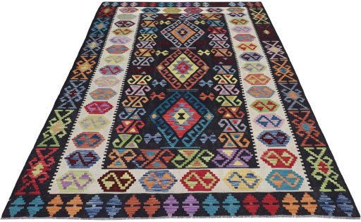 Full view of New Modern Design rug from Pakistan, 239 × 176 cm in Multi Color tones