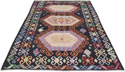Full view of New Modern Design rug from Pakistan, 242 × 175 cm in Multi Color tones