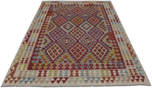 Full view of New Modern Design rug from Pakistan, 240 × 178 cm in Multi Color tones