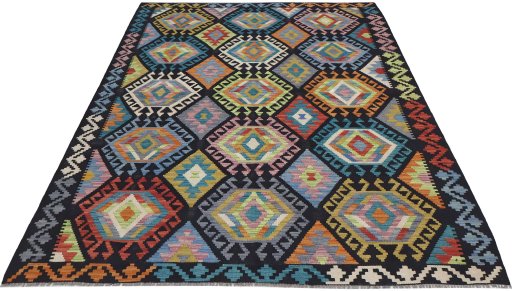 Full view of New Modern Design rug from Pakistan, 231 × 180 cm in Multi Color tones