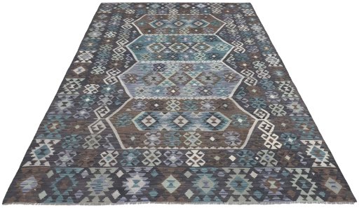 Full view of New Modern Design rug from Pakistan, 297 × 203 cm in Multi Color tones