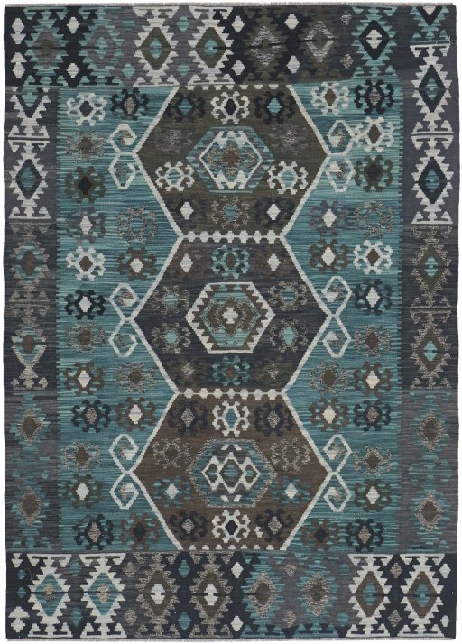 Full view of New Modern Design rug from Pakistan, 243 × 179 cm in Multi Color tones