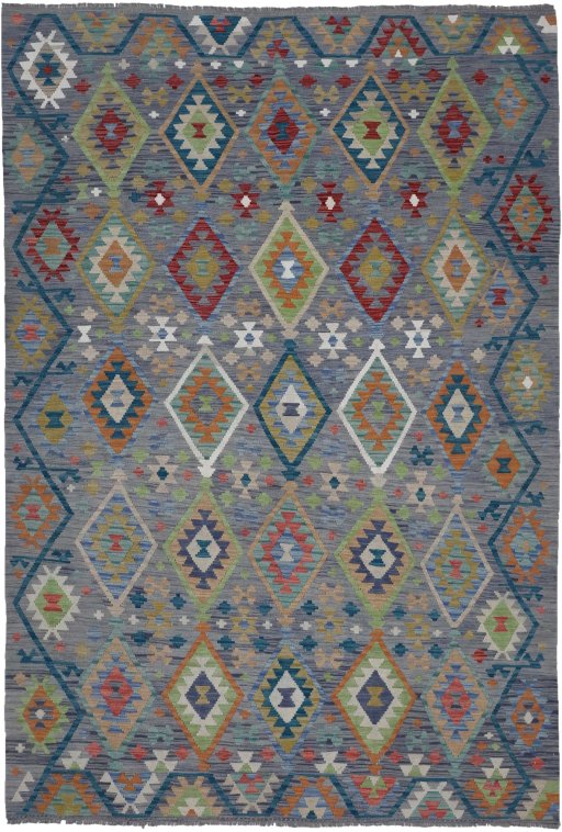 Full view of New Modern Design rug from Pakistan, 286 × 199 cm in Multi Color tones