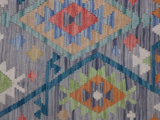 Backside of handmade New Modern Design rug showing knot structure and weave density