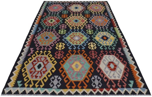 Full view of New Modern Design rug from Pakistan, 244 × 173 cm in Multi Color tones