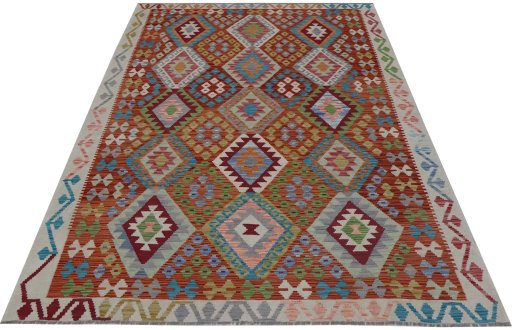 Full view of New Modern Design rug from Pakistan, 243 × 177 cm in Multi Color tones