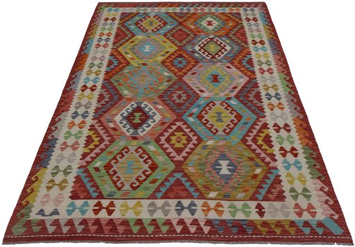 Full view of New Modern Design rug from Pakistan, 243 × 177 cm in Multi Color tones