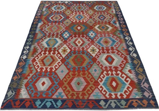 Full view of New Modern Design rug from Pakistan, 238 × 174 cm in Multi Color tones