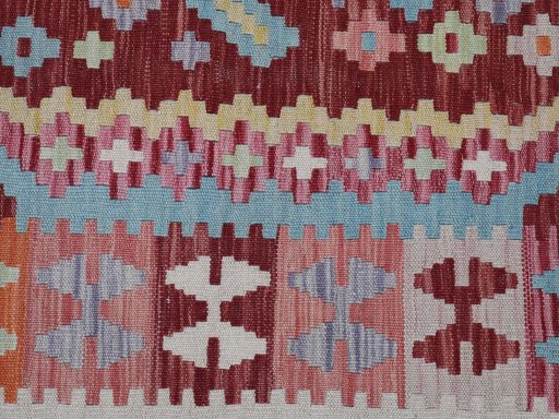Backside of handmade New Modern Design rug showing knot structure and weave density