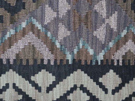 Backside of handmade New Modern Design rug showing knot structure and weave density