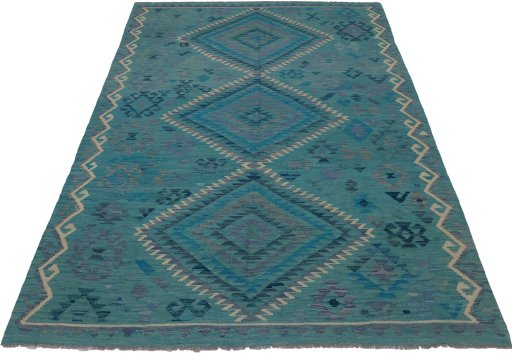 Full view of New Modern Design rug from Pakistan, 241 × 173 cm in Multi Color tones
