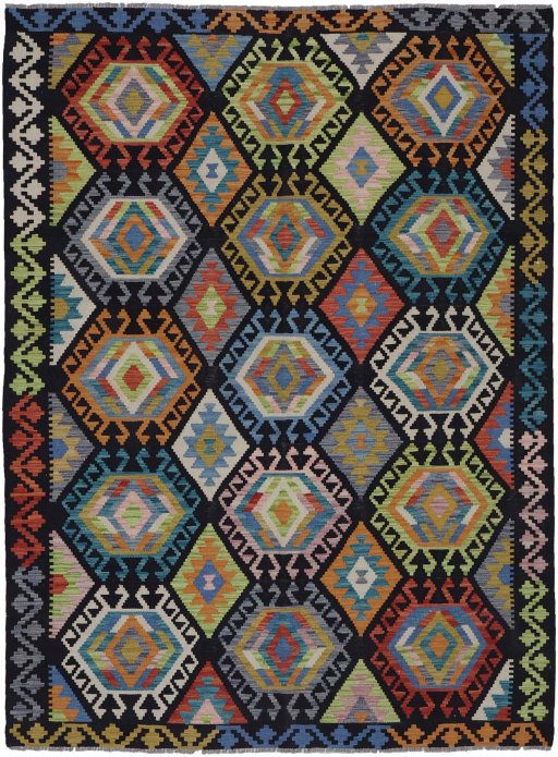 Full view of New Modern Design rug from Pakistan, 234 × 177 cm in Multi Color tones