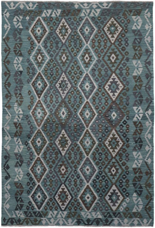 Full view of New Modern Design rug from Pakistan, 303 × 208 cm in Multi Color tones
