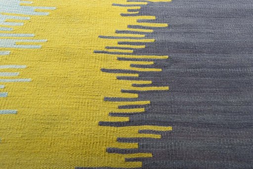 Backside of handmade New Modern Design rug showing knot structure and weave density