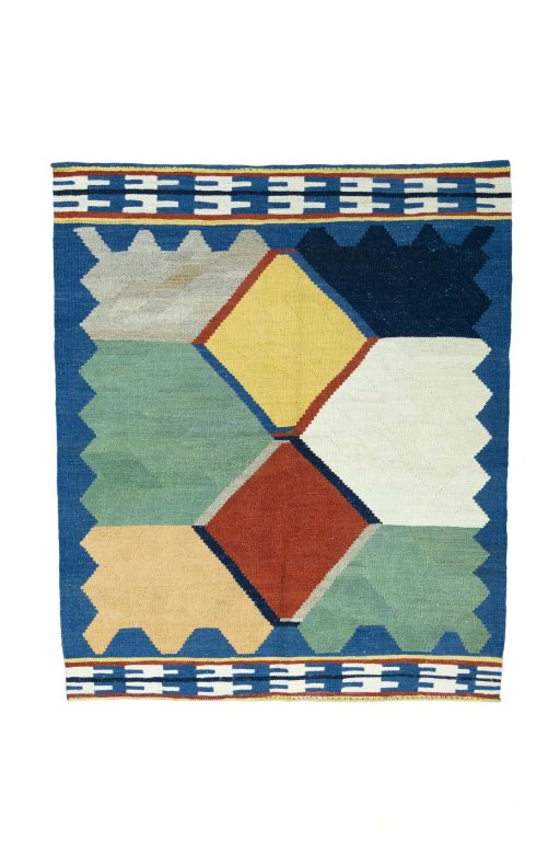 Full view of New Modern Design rug from Iran / Persia, 177 × 149 cm in Multi Color tones