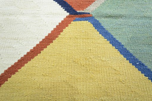 Backside of handmade New Modern Design rug showing knot structure and weave density