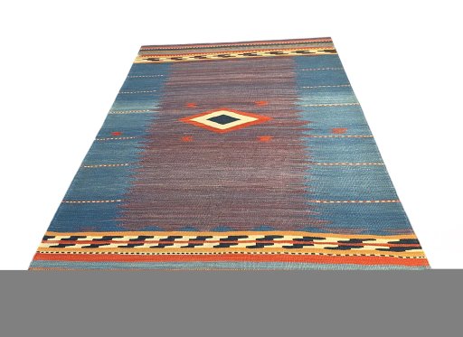 Backside of handmade New Modern Design rug showing knot structure and weave density