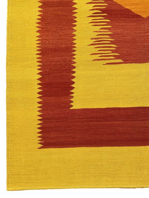 Backside of handmade New Modern Design rug showing knot structure and weave density