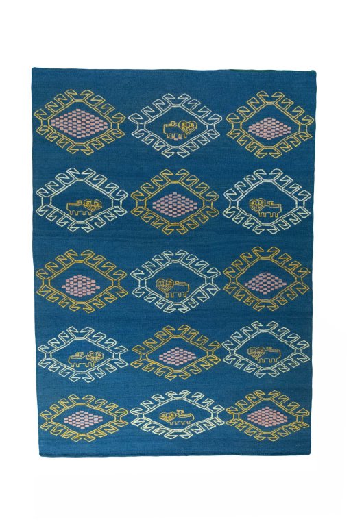 Full view of New Modern Design rug from Iran / Persia, 249 × 180 cm in Blue tones