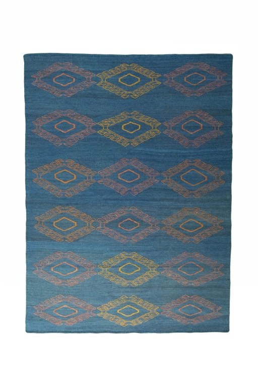Full view of New Modern Design rug from Iran / Persia, 252 × 186 cm in Blue tones