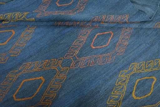 Full view of New Modern Design rug from Iran / Persia, 252 × 186 cm in Blue tones