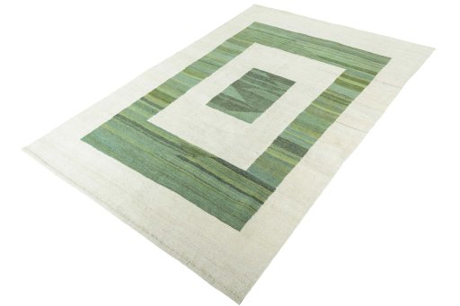 Corner detail of New Modern Design rug showing border pattern and Wool pile