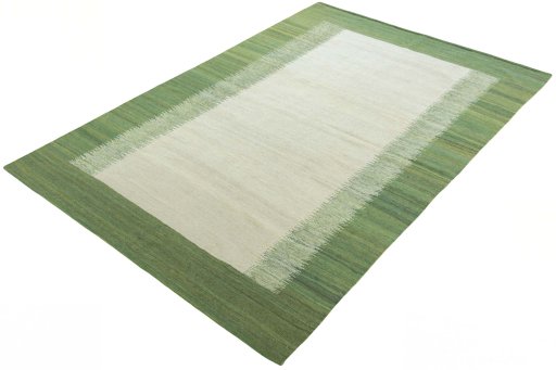 Corner detail of New Modern Design rug showing border pattern and Wool pile