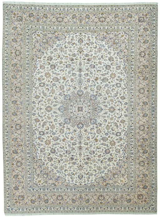 Full view of 2000s Kashan rug from Iran / Persia, 400 × 300 cm in Beige tones