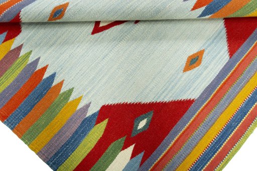Full view of New Kilim Sofre rug from Turkey, 105 × 99 cm in Multi Color tones