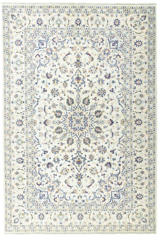 Full view of New Kashan rug from Iran / Persia, 294 × 200 cm in Beige tones