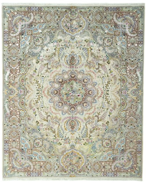 Full view of New Tabriz 50/60/70 Raj rug from Iran / Persia, 248 × 202 cm in Beige tones