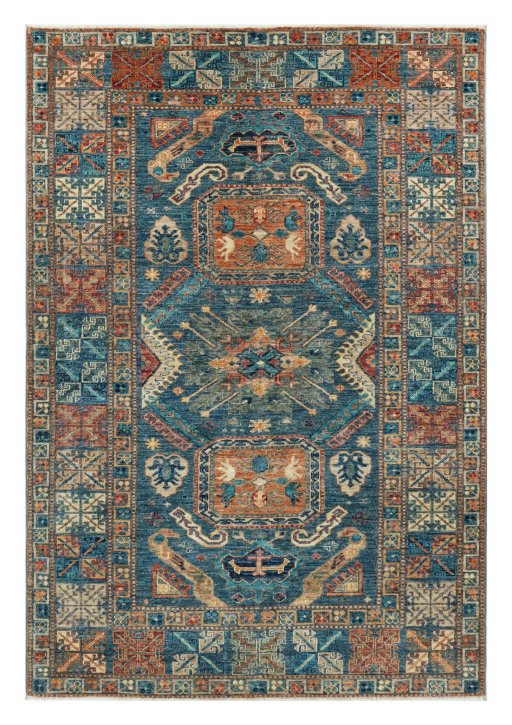 Full view of New Kazak rug from Pakistan, 194 × 131 cm in Blue tones
