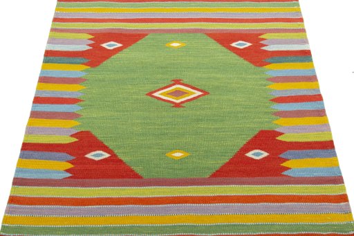 Close-up detail of New Kilim Sofre rug from Turkey showing Wool weave