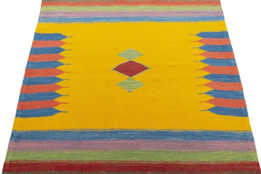 Close-up detail of New Kilim Sofre rug from Turkey showing Wool weave