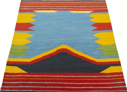 Close-up detail of New Kilim Sofre rug from Turkey showing Wool weave