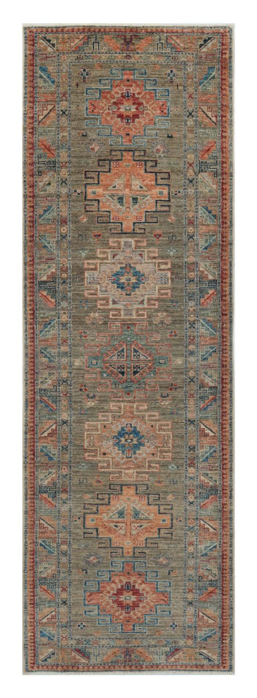 Full view of New Kazak rug from Pakistan, 252 × 81 cm in Gray tones