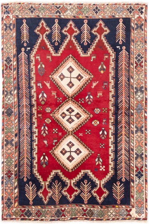 Full view of 1975s Afshar rug from Iran / Persia, 206 × 140 cm in Red tones