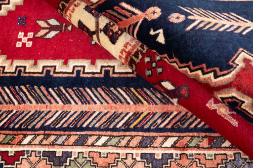 Corner detail of 1975s Afshar rug showing border pattern and Wool pile