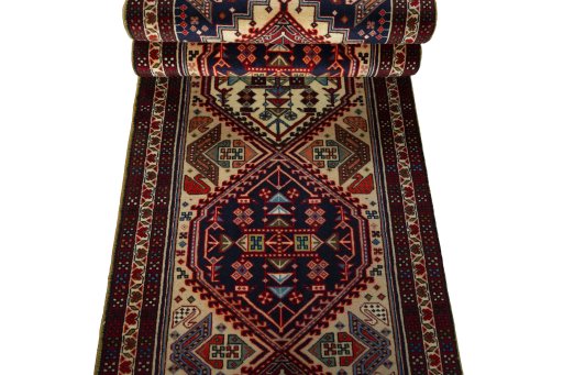 Full view of 2000s Ardebil rug from Iran / Persia, 295 × 78 cm in Beige tones