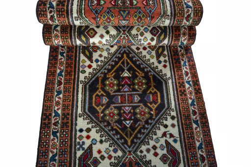 Full view of 2000s Ardebil rug from Iran / Persia, 300 × 69 cm in Beige tones