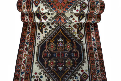 Full view of 2000s Ardebil rug from Iran / Persia, 298 × 70 cm in Beige tones