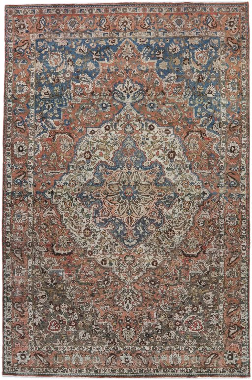 Full view of 1950s Bakhtiar rug from Iran / Persia, 320 × 210 cm in Terracotta tones