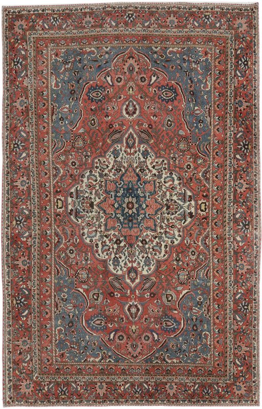 Full view of 1940s Bakhtiar rug from Iran / Persia, 320 × 203 cm in Red tones