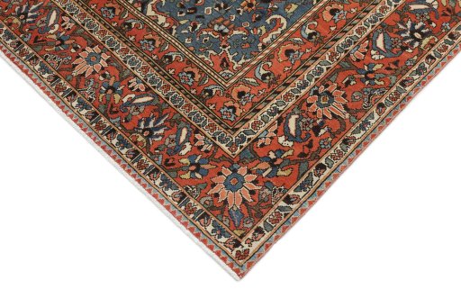 Backside of handmade 1940s Bakhtiar rug showing knot structure and weave density