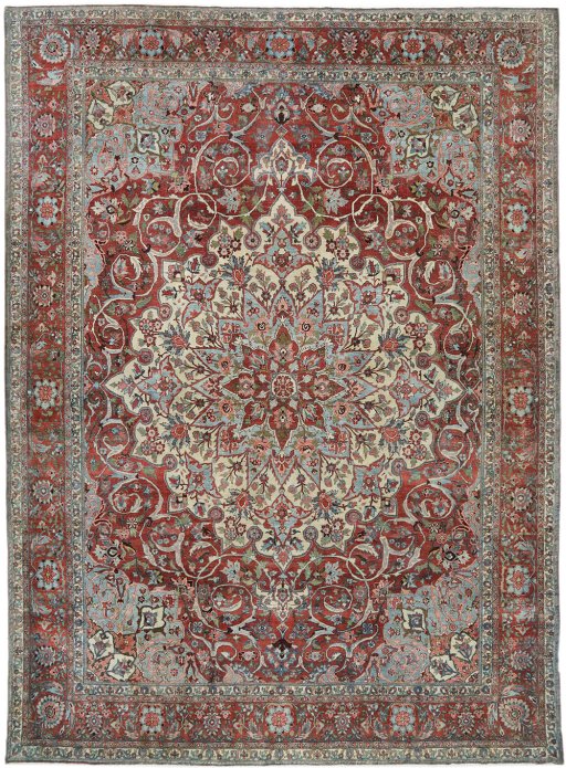Full view of 1930s Bakhtiar rug from Iran / Persia, 433 × 315 cm in Red tones