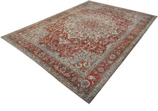 Corner detail of 1930s Bakhtiar rug showing border pattern and Wool pile