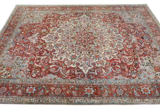 Backside of handmade 1930s Bakhtiar rug showing knot structure and weave density