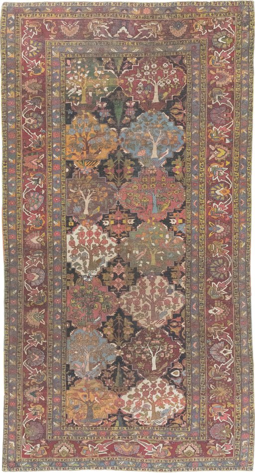 Full view of 1900s Bakhtiar rug from Iran / Persia, 402 × 207 cm in Black tones