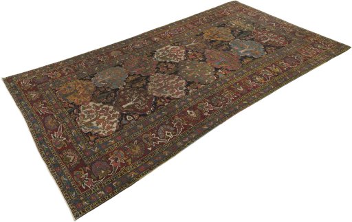 Corner detail of 1900s Bakhtiar rug showing border pattern and Wool pile